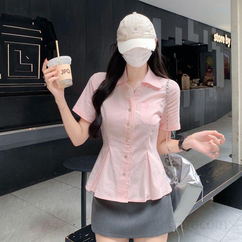 여자 여름 폴로카라 반팔 페플럼 블라우스 레이스 핀턱 슬림핏 데일리 오피스룩 D07490 - 상세 이미지 3