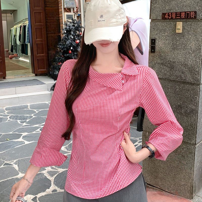여자 루즈핏 체크 패턴 언발 사선넥 긴팔 셔츠 블라우스 봄 여름 데일리 유니크 여성 상의 D07428 - 상세 이미지 2