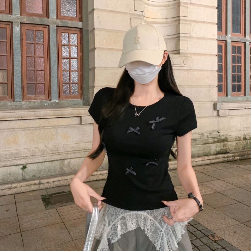 여자 여름 라운드넥 입체 리본 반팔 티셔츠 슬림핏 크롭 면스판 Y2K 데일리 캐주얼룩 D01312 - 상세 이미지 3