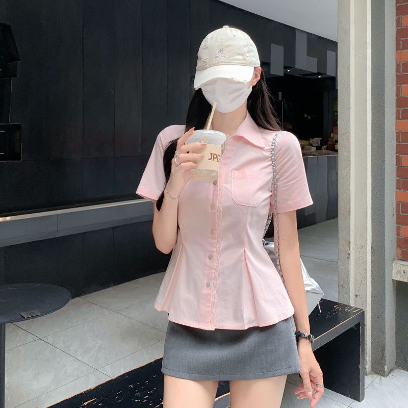 여자 여름 폴로카라 반팔 페플럼 블라우스 레이스 핀턱 슬림핏 데일리 오피스룩 D07490 - 상품 이미지
