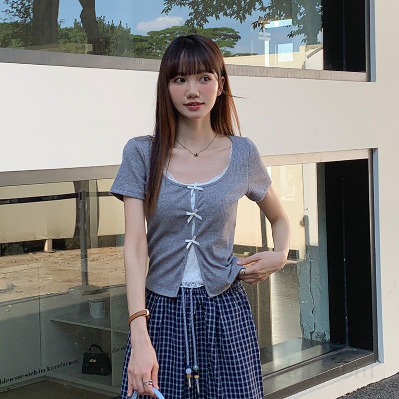 여성 여름 라운드넥 U넥 페이크 레이어드 리본 골지 반팔 티셔츠 슬림핏 여리여리 데일리 캐주얼 DJ02126 - 상세 이미지 2