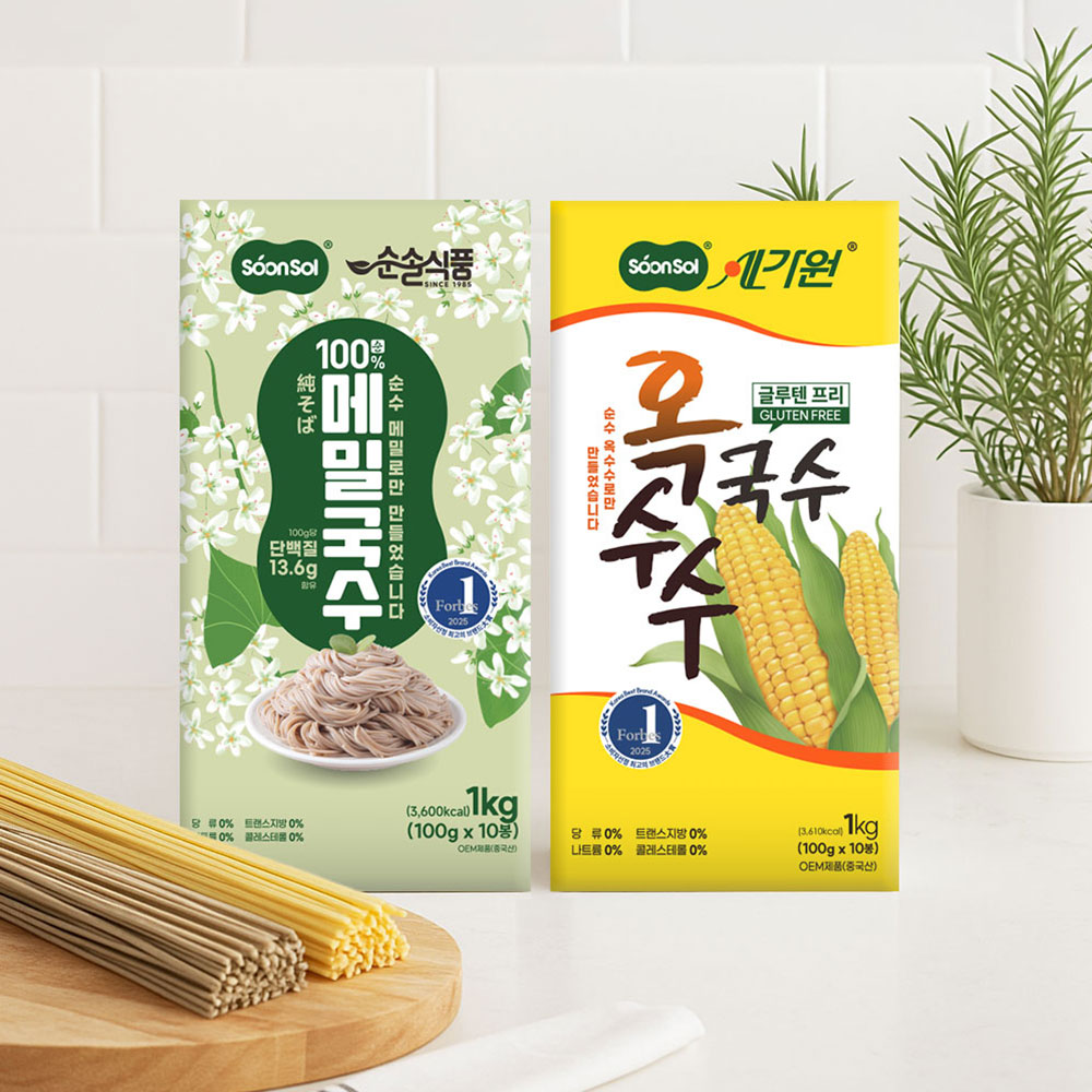 [1+1] 순솔 100% 메밀국수 1kg + 순솔가원 옥수수국수 1kg  (100g x 10봉 x 2박스) 글루텐프리 고단백질면 제로슈가 제로당 무첨가물 저칼로리면 - 상품 이미지