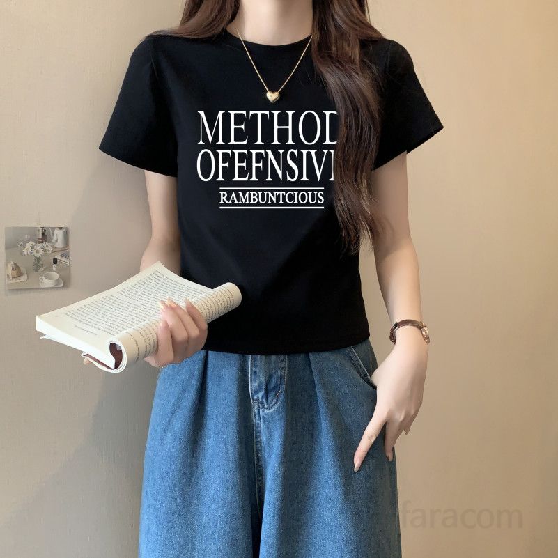 여자 여름 슬림핏 라운드넥 레터링 반팔 티셔츠 데일리 베이직 여성티 면스판 프린팅 T001METH - 상세 이미지 3
