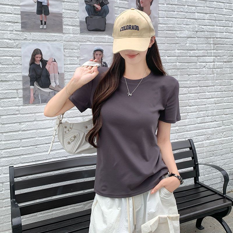 여자 여름 슬림핏 라운드넥 베이직 단색 반팔 티셔츠 데일리 여성 코튼 스판 기본 반팔티 T004 - 상세 이미지 5