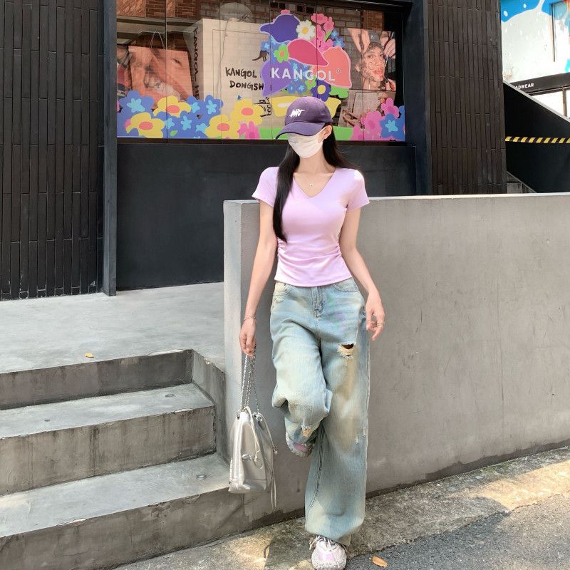 여자 여름 V넥 반팔 티셔츠 사이드 셔링 언발 슬림핏 면스판 여리여리 데일리 캐주얼룩 D01288 - 상세 이미지 4