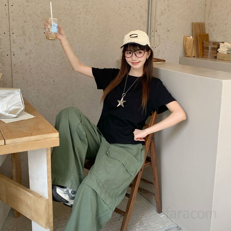 여자 여름 라운드넥 언발 밑단 트임 반팔 티셔츠 루즈핏 면스판 유니크 디자인 데일리 캐주얼룩 D0888 - 상세 이미지 5