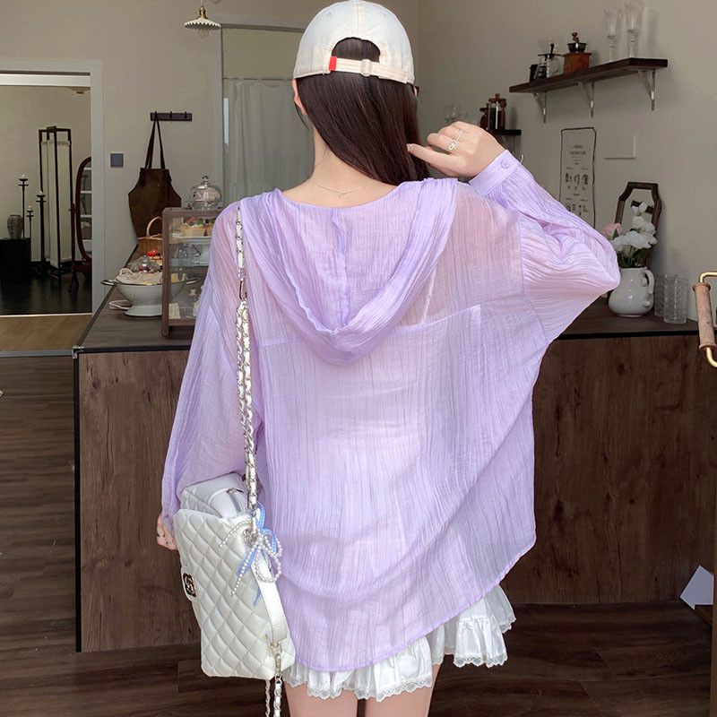 여자 여름 루즈핏 오버핏 후드 카라 셔츠 포켓 가디건 시스루 긴팔 블라우스 라일락 데일리 W0849 - 상세 이미지 4
