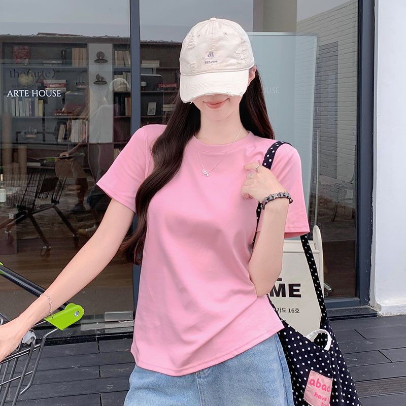 여자 여름 슬림핏 라운드넥 베이직 단색 반팔 티셔츠 데일리 여성 코튼 스판 기본 반팔티 T004 - 상품 이미지