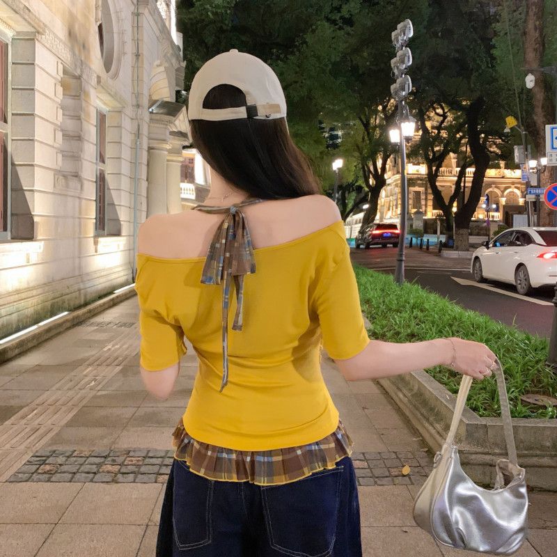 여자 여름 페이크 레이어드 오프숄더 홀터넥 체크 반팔 티셔츠 리본 슬림핏 데일리 캐주얼룩 DJ03151-1 - 상세 이미지 4