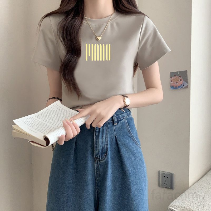 여자 여름 슬림핏 라운드넥 레터링 반팔 티셔츠 데일리 베이직 여성티 면스판 프린팅 23D3819 - 상세 이미지 4