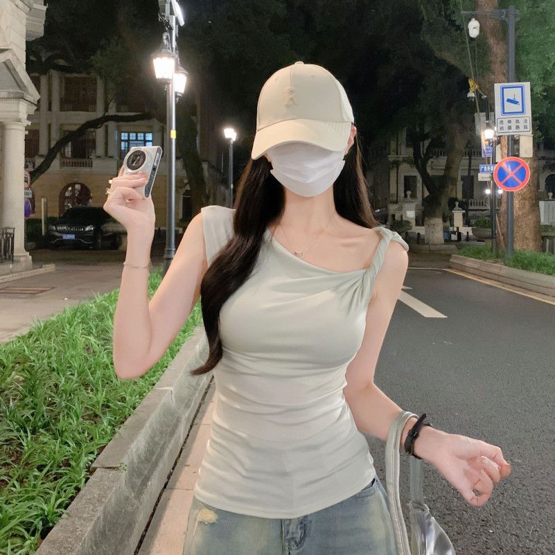 여자 여름 원숄더 언발 셔링 민소매 티셔츠 캡소매 슬림핏 텐셀 데일리 캐주얼룩 D0945-1 - 메인 이미지