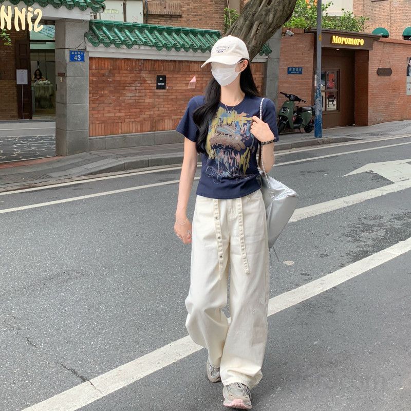 여자 여름 라운드넥 그래픽 프린팅 반팔 티셔츠 슬림핏 면스판 데일리 캐주얼룩 D01295 - 상세 이미지 5