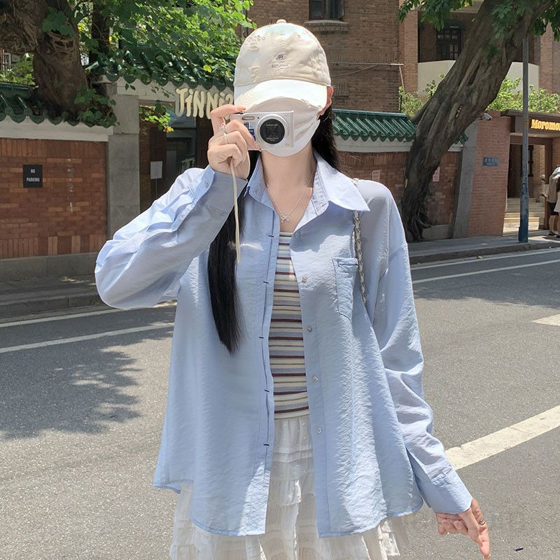 여성 여름 시스루 루즈핏 폴로카라 긴팔 셔츠 스트라이프 나시 슬리브리스 코디 여리여리핏 체형커버 데일리 캐주얼룩 TZ07488-1 - 상세 이미지 5