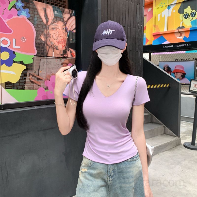 여자 여름 V넥 반팔 티셔츠 사이드 셔링 언발 슬림핏 면스판 여리여리 데일리 캐주얼룩 D01288 - 상품 이미지