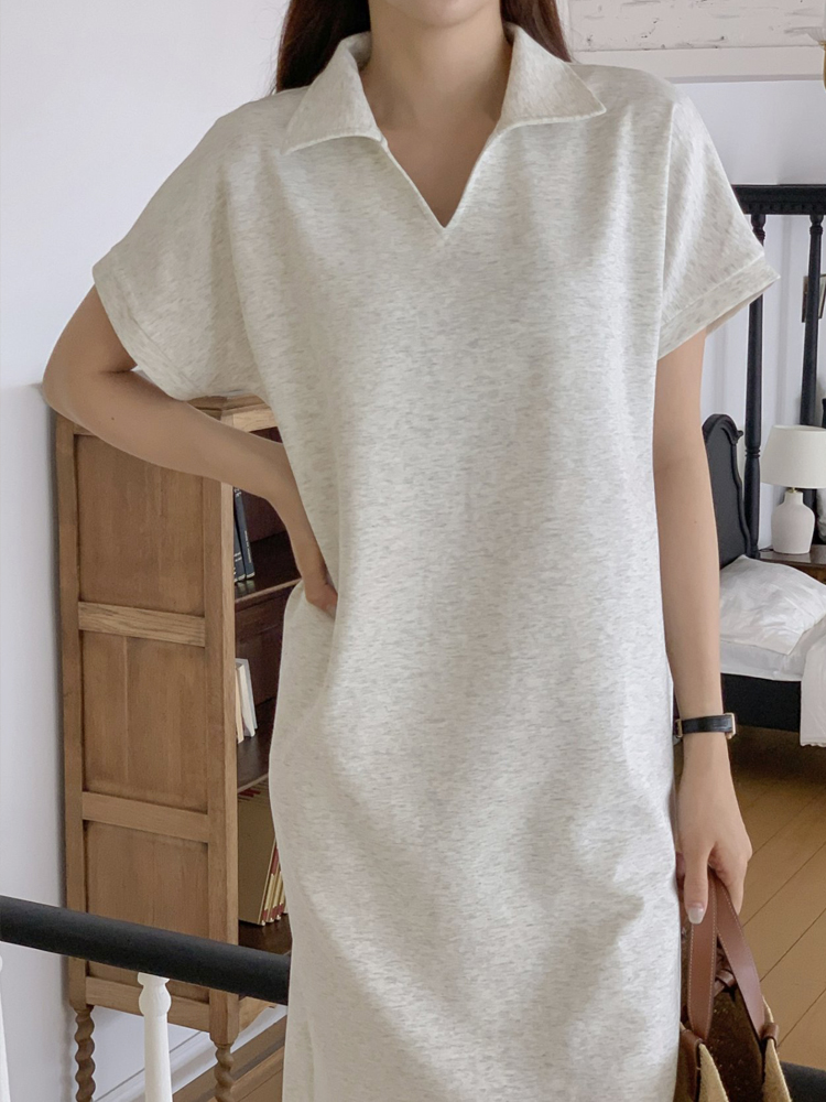 시원한 쿨링 면 스판 맥시 카라 반팔 원피스 냉장고 여성 여름 롱 원피스 블랙 쿨 데일리룩 이미지 4