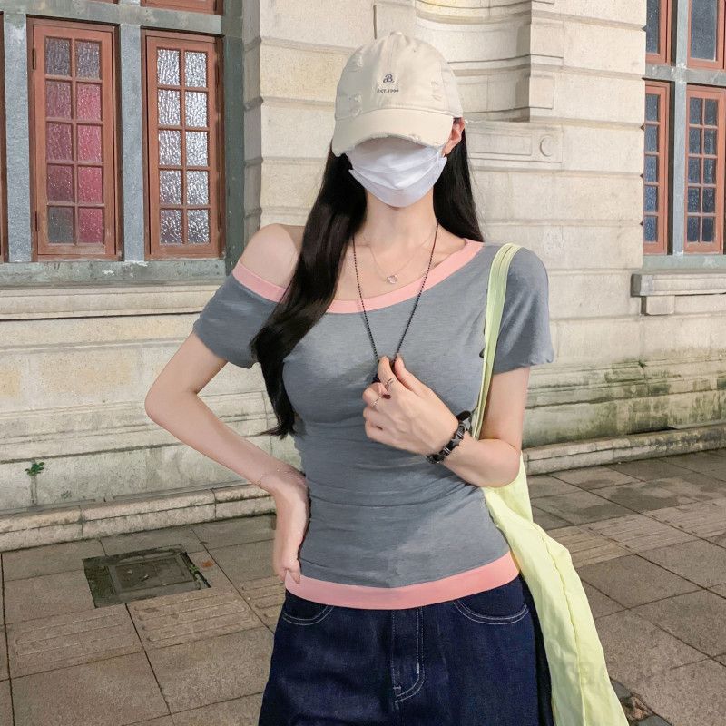 여자 여름 Y2K 어깨트임 원숄더 언발 배색 반팔 티셔츠 보트넥 쫀쫀한 슬림핏 여리여리핏 데일리룩 D03152 - 상세 이미지 3