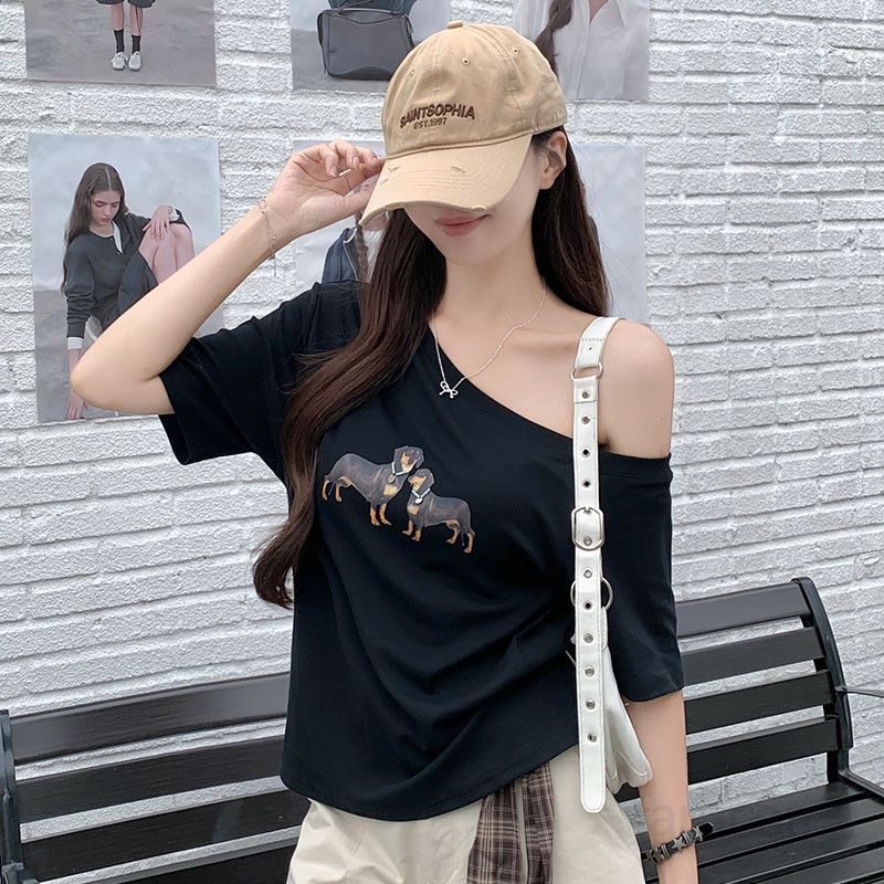 여자 루즈핏 오프숄더 어깨트임 강아지 프린팅 반팔티 여름 데일리 베이직 편안한 티셔츠 TZ07455 - 상세 이미지 5