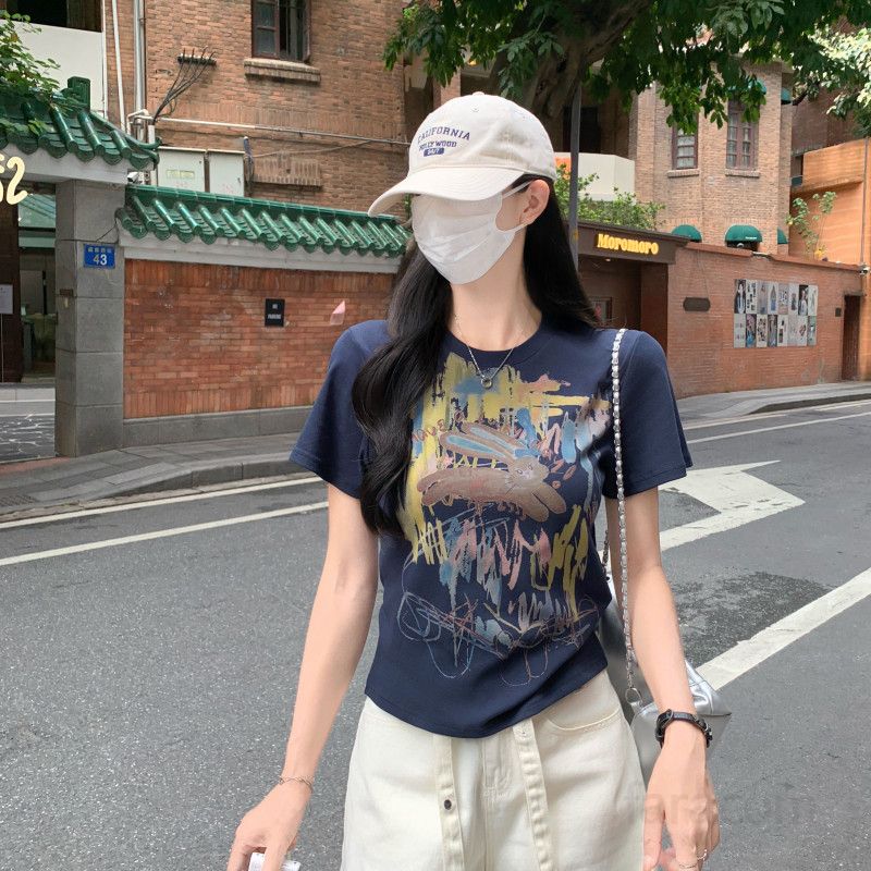 여자 여름 라운드넥 그래픽 프린팅 반팔 티셔츠 슬림핏 면스판 데일리 캐주얼룩 D01295 - 상세 이미지 3