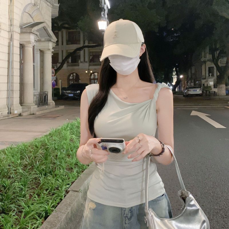 여자 여름 원숄더 언발 셔링 민소매 티셔츠 캡소매 슬림핏 텐셀 데일리 캐주얼룩 D0945-1 - 상세 이미지 4