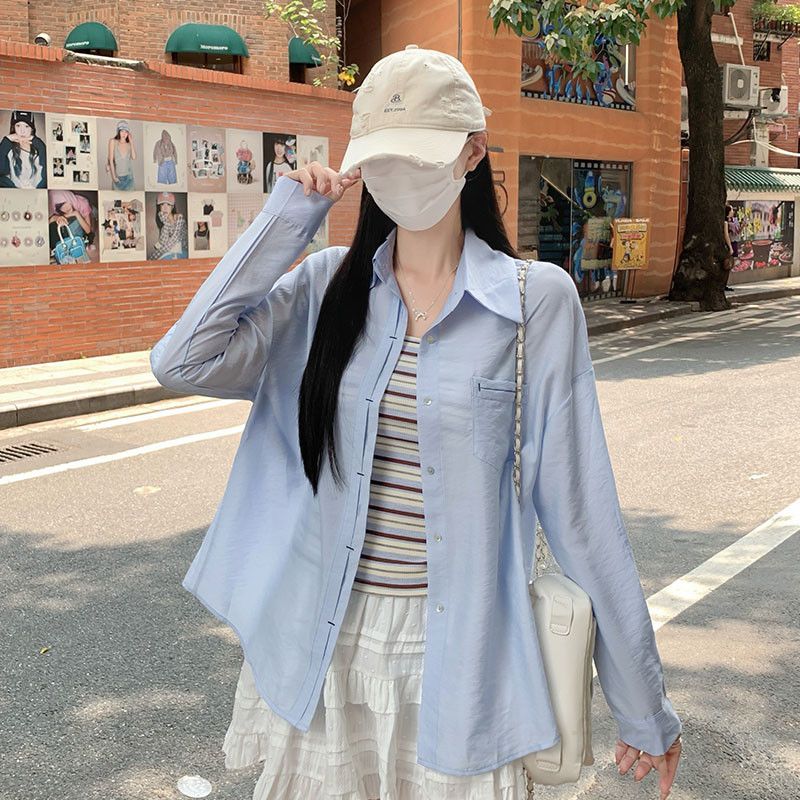 여성 여름 시스루 루즈핏 폴로카라 긴팔 셔츠 스트라이프 나시 슬리브리스 코디 여리여리핏 체형커버 데일리 캐주얼룩 TZ07488-1 - 메인 이미지