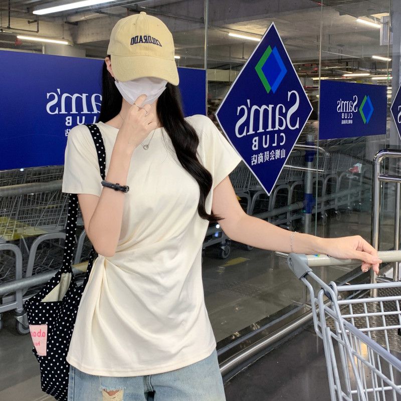 여자 여름 라운드넥 반팔 티셔츠 사이드 셔링 꼬임 루즈핏 면스판 데일리 캐주얼룩 D08100 - 메인 이미지