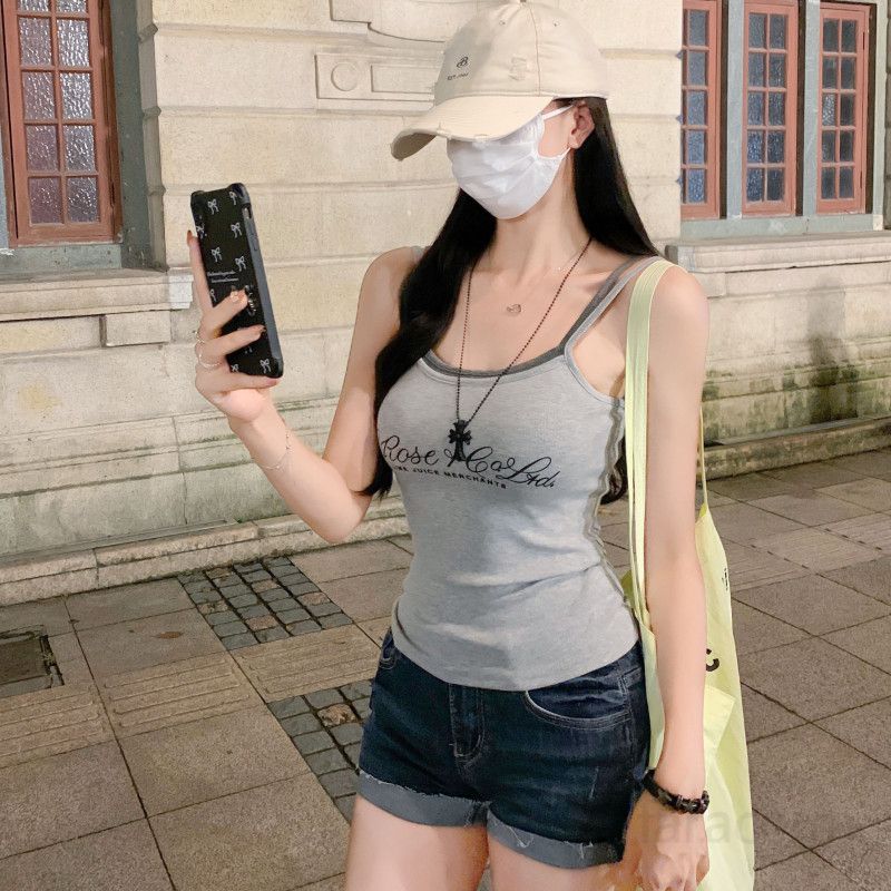 여자 여름 페이크 레이어드 레터링 나시 민소매 골지 슬림핏 크롭 데일리 캐주얼룩 BJ02132 - 상세 이미지 3