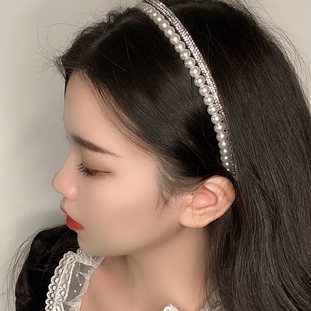 두줄 진주 큐빅 머리띠 보석 헤어밴드 여성머리띠 보석 셀프웨딩 헤어장식 - 상세 이미지 3