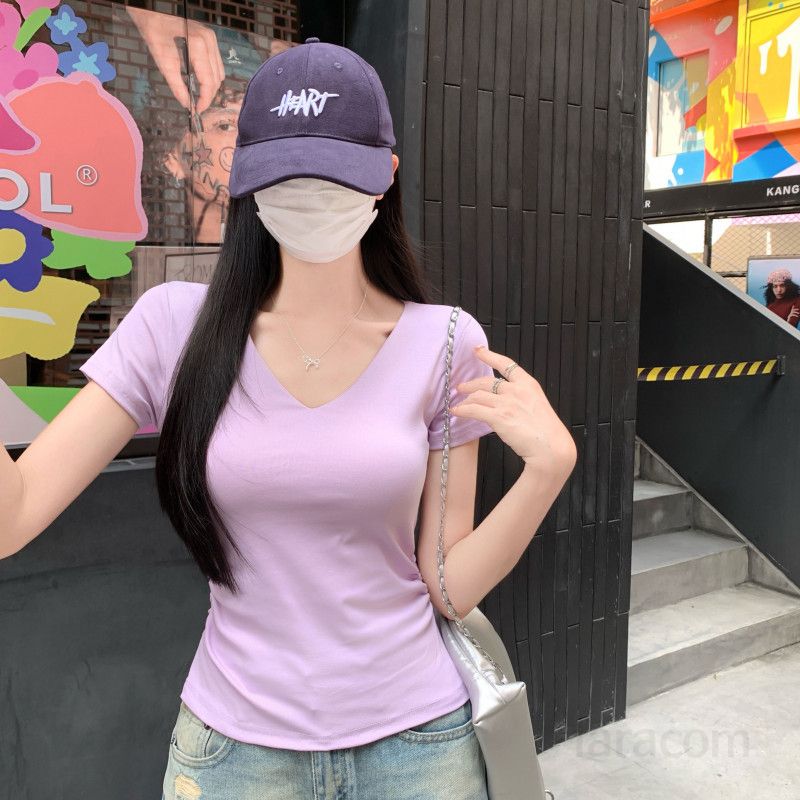 여자 여름 V넥 반팔 티셔츠 사이드 셔링 언발 슬림핏 면스판 여리여리 데일리 캐주얼룩 D01288 - 상세 이미지 3
