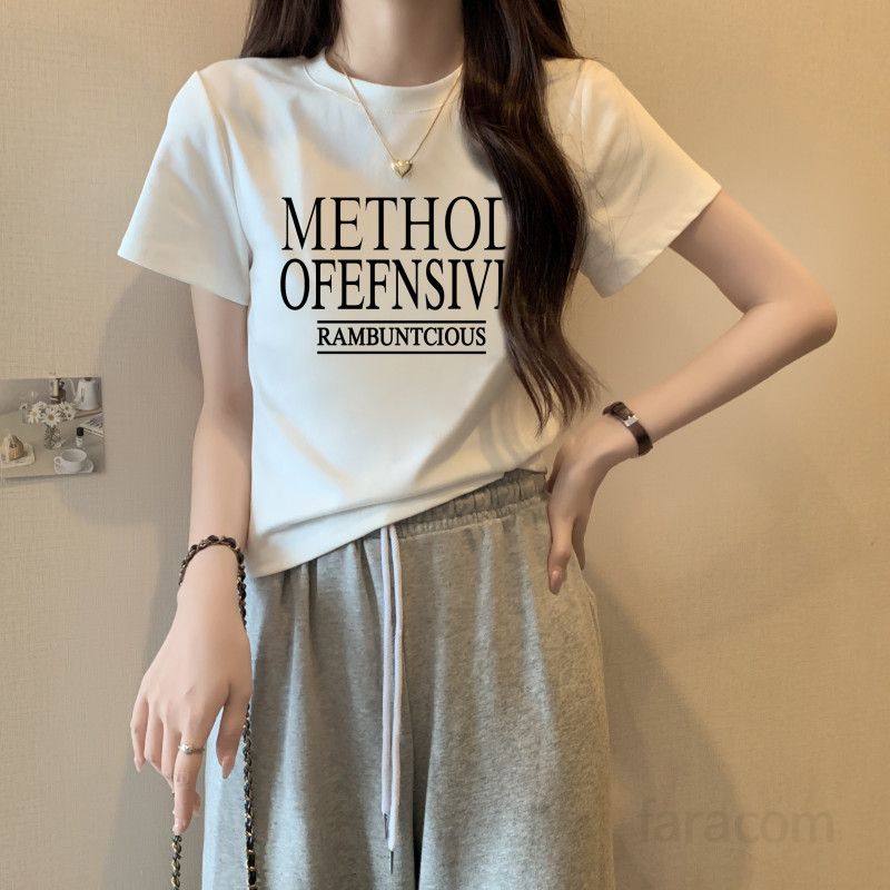 여자 여름 슬림핏 라운드넥 레터링 반팔 티셔츠 데일리 베이직 여성티 면스판 프린팅 T001METH - 상세 이미지 2