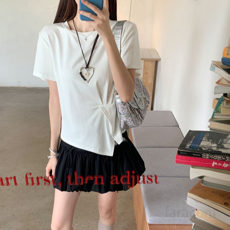 여자 여름 라운드넥 언발 밑단 트임 반팔 티셔츠 루즈핏 면스판 유니크 디자인 데일리 캐주얼룩 D0888 - 상세 이미지 3