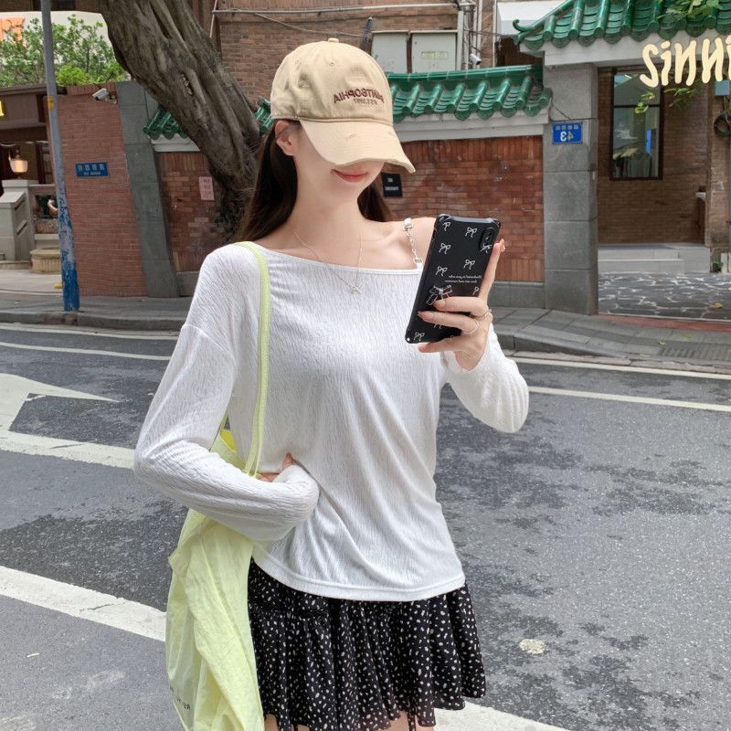 여자 여름 오프숄더 체인 포인트 루즈핏 긴팔 티셔츠 데일리 유니크 시스루 여성티 C0913-1 - 상세 이미지 4