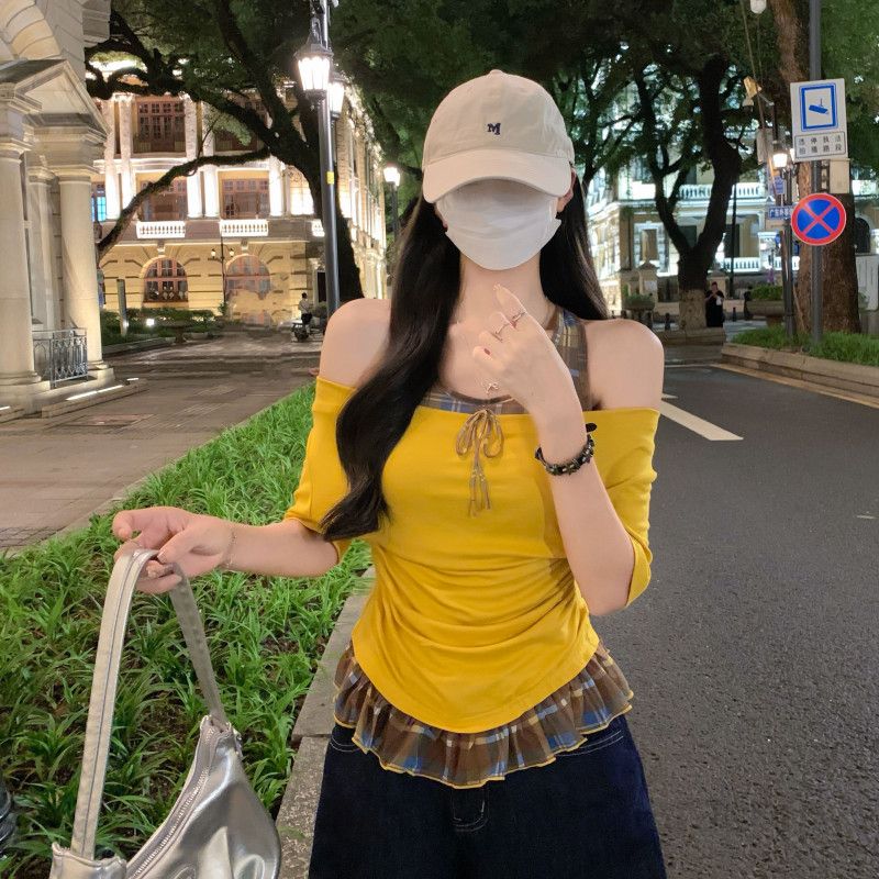 여자 여름 페이크 레이어드 오프숄더 홀터넥 체크 반팔 티셔츠 리본 슬림핏 데일리 캐주얼룩 DJ03151-1 - 상세 이미지 5