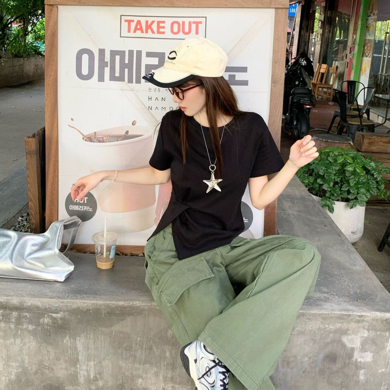 여자 여름 라운드넥 언발 밑단 트임 반팔 티셔츠 루즈핏 면스판 유니크 디자인 데일리 캐주얼룩 D0888 - 상세 이미지 2