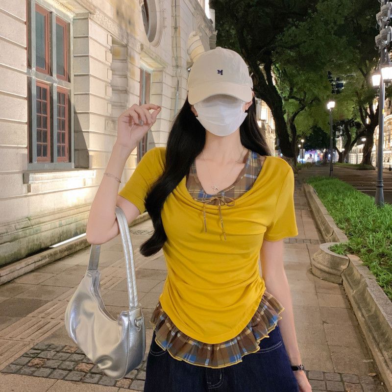 여자 여름 페이크 레이어드 오프숄더 홀터넥 체크 반팔 티셔츠 리본 슬림핏 데일리 캐주얼룩 DJ03151-1 - 상세 이미지 3