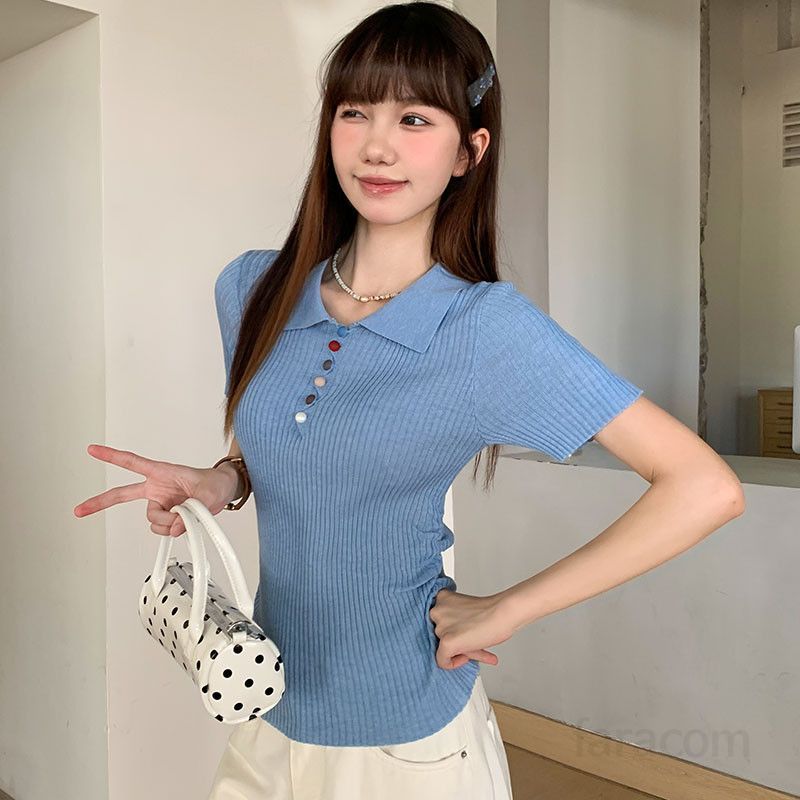 여성 여름 폴로카라 컬러버튼 반팔 골지 니트 슬림핏 여리여리 데일리 베이직 캐주얼룩 ZD138