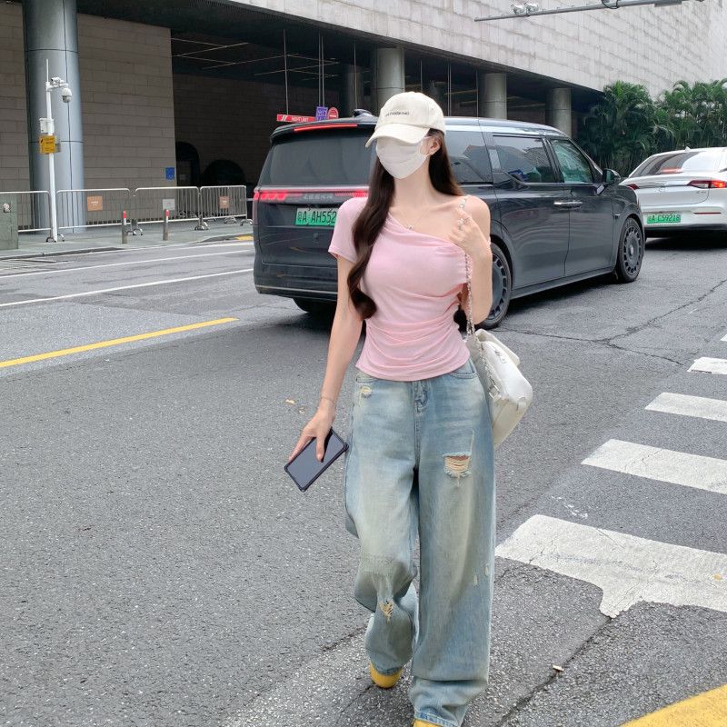 여자 여름 슬림핏 오프숄더 언발 반팔티 데일리 베이직 단색 티셔츠 여리여리 여친룩 D03112 - 상세 이미지 5
