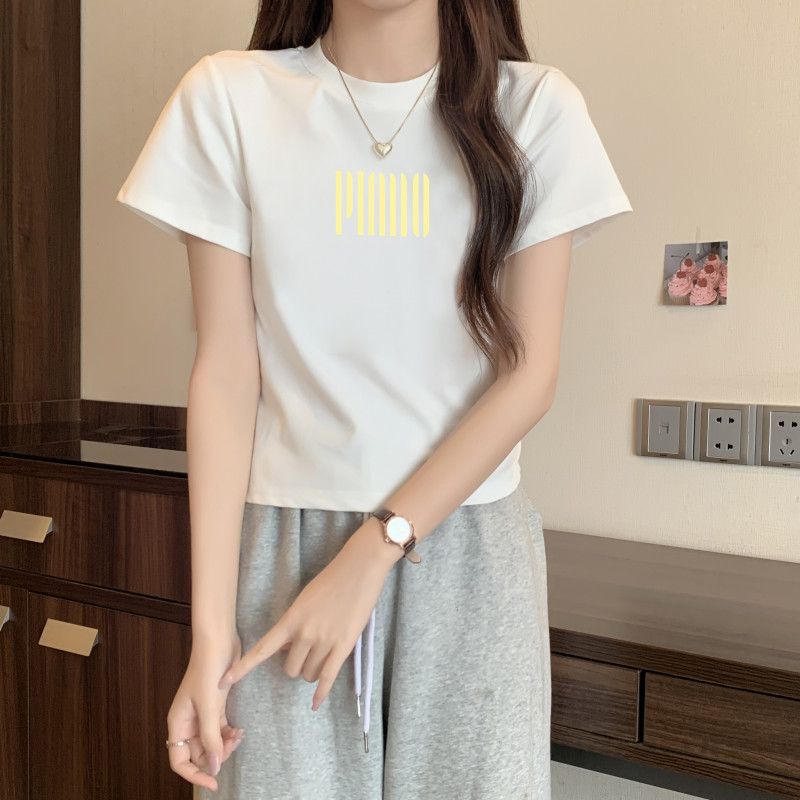 여자 여름 슬림핏 라운드넥 레터링 반팔 티셔츠 데일리 베이직 여성티 면스판 프린팅 23D3819 - 상품 이미지