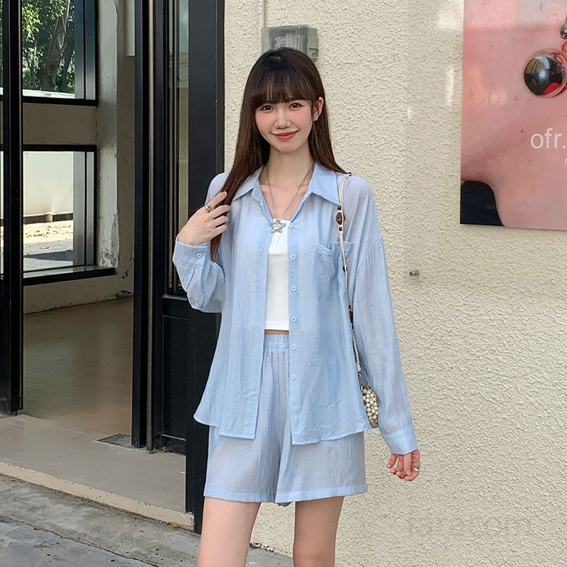 여성 여름 시스루 나비 뒷트임 루즈핏 폴로카라 셔츠 나시 반바지 코디 여리여리핏 캐주얼룩 TZ07494 - 메인 이미지