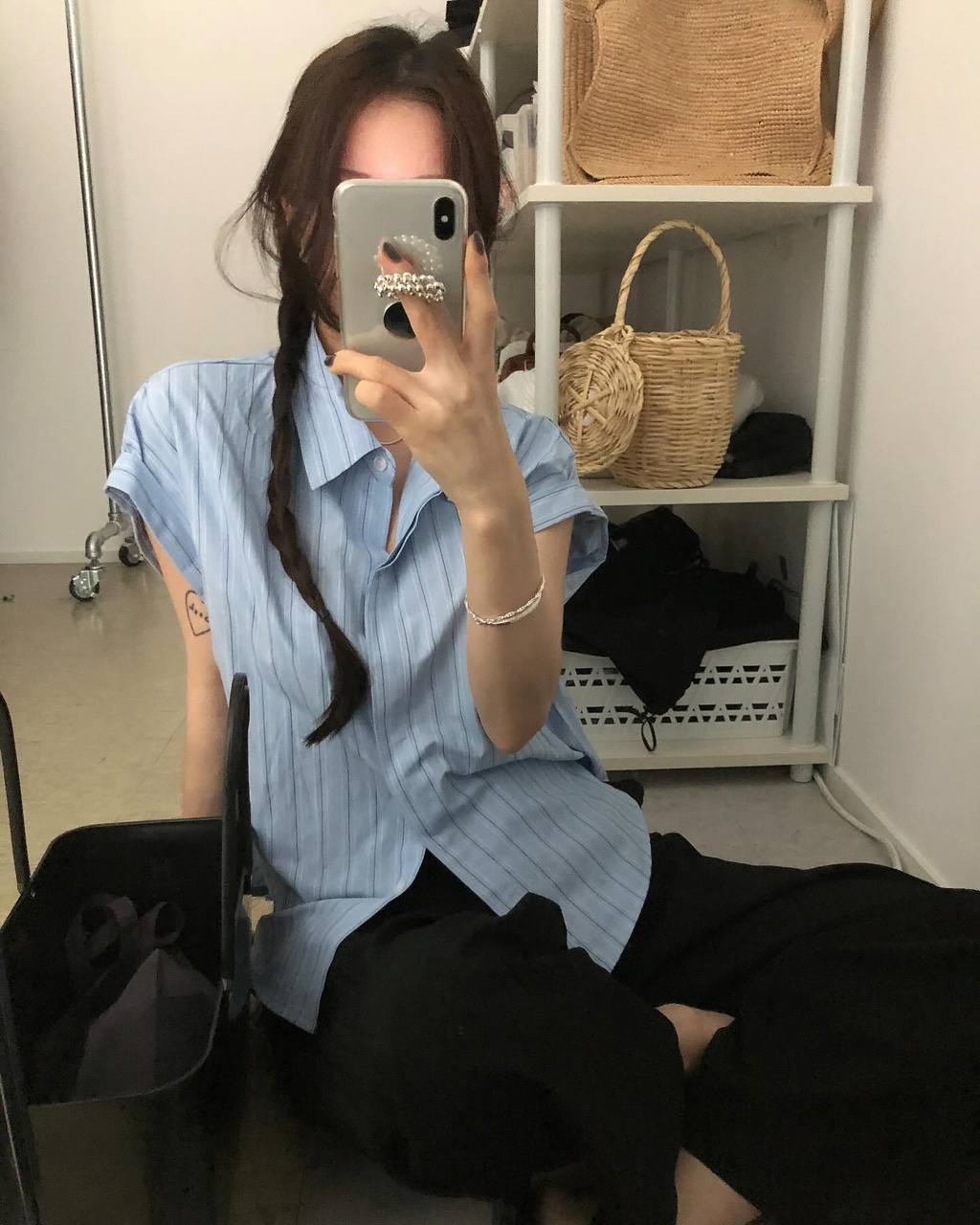 알렛 여성 여름 스트라이프 루즈핏 오버핏 캡소매 반팔 블라우스