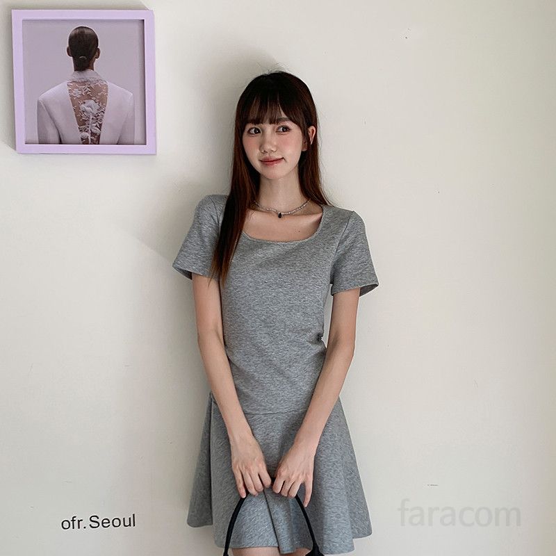 여성 여름 스퀘어넥 슬림핏 반팔 A라인 원피스 베이직 단색 데일리 편안한 여리여리핏 체형커버 캐주얼룩 TZ0874 - 상품 이미지