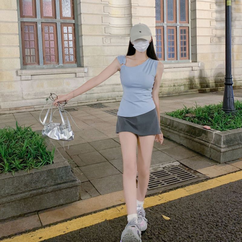 여자 여름 원숄더 언발 셔링 민소매 티셔츠 슬림핏 크롭 데일리 캐주얼룩 D03138-1 - 상세 이미지 5