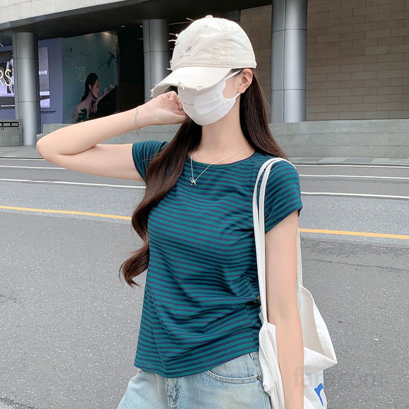 여자 여름 슬림핏 라운드넥 스트라이프 반팔 티셔츠 데일리 편안한 여성 면스판 베이직티 D0865 - 상품 이미지