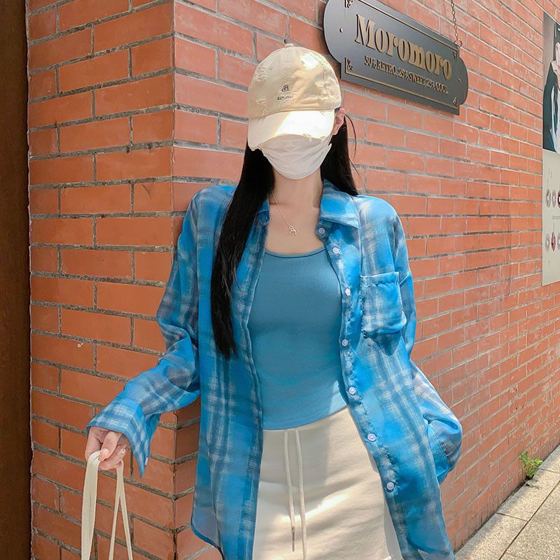 여자 여름 시스루 격자무늬 루즈핏 폴로카라 긴팔 셔츠 나시 코디 여리여리 데일리 캐주얼룩 TZ07486 - 메인 이미지