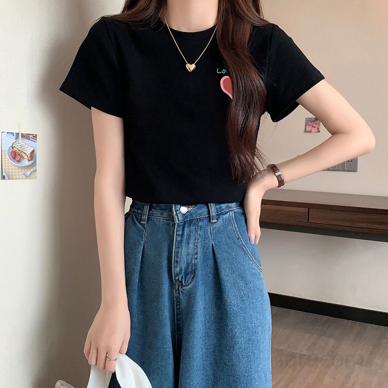 여자 여름 슬림핏 라운드넥 유니크 프린팅 반팔 티셔츠 베이직 데일리 여성티 면스판 기본 T001 - 상세 이미지 5