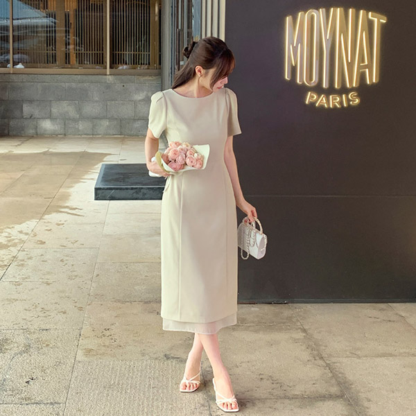 [자체제작] 로미엘 쉬폰 레이어드 H라인 롱 원피스 op16106