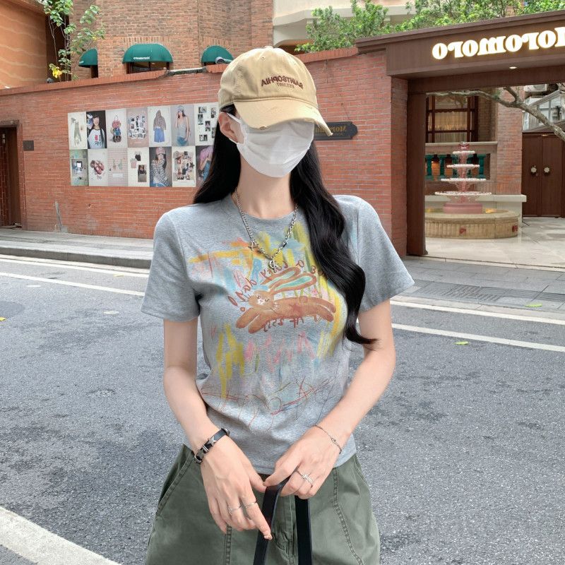 여자 여름 라운드넥 그래픽 프린팅 반팔 티셔츠 슬림핏 면스판 데일리 캐주얼룩 D01295 - 상세 이미지 2