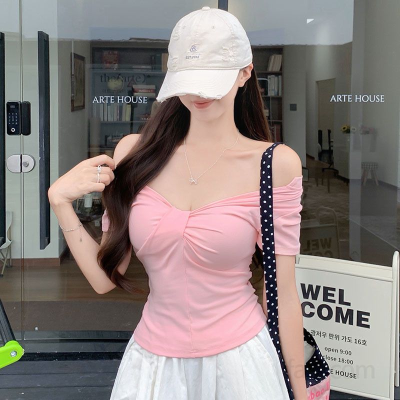 여자 브이넥 셔링 슬림핏 반팔티 숏기장 여름 데일리 베이직 코디 여성티 탄탄스판 면스판 D0162 - 상품 이미지
