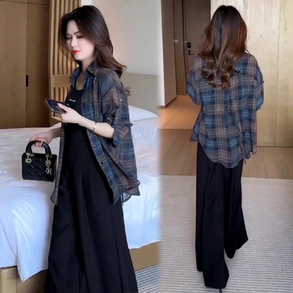 [웨일쓰]봄여름 체크 여성긴팔블라우스 시스루 키작녀 루즈핏 남방셔츠 와이드팬츠 봄 여름 - 상세 이미지 5