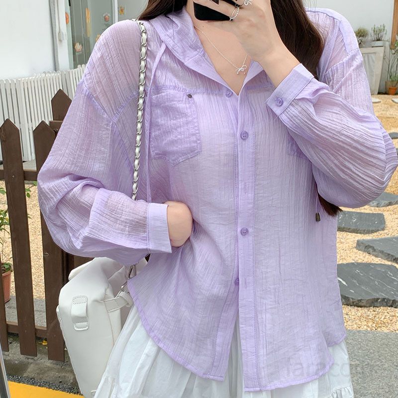 여자 여름 루즈핏 오버핏 후드 카라 셔츠 포켓 가디건 시스루 긴팔 블라우스 라일락 데일리 W0849 - 상세 이미지 2