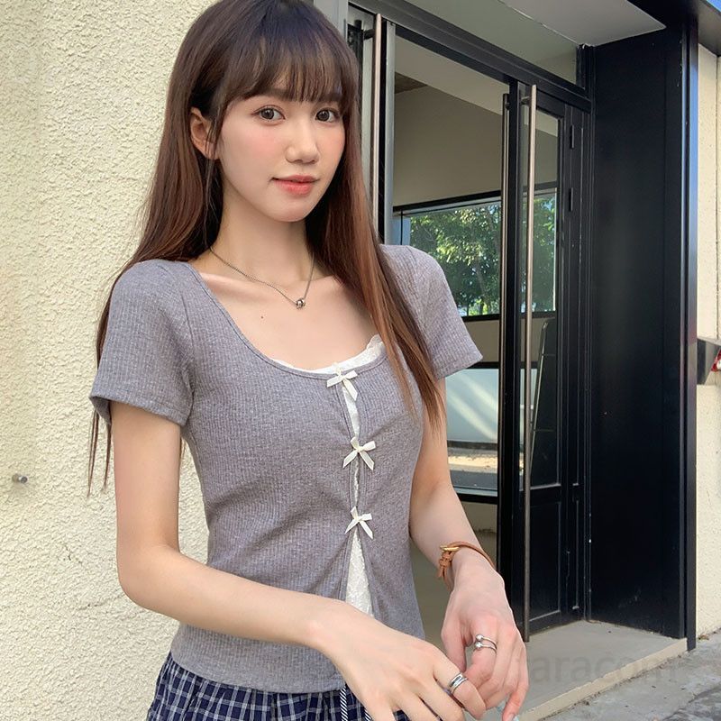 여성 여름 라운드넥 U넥 페이크 레이어드 리본 골지 반팔 티셔츠 슬림핏 여리여리 데일리 캐주얼 DJ02126 - 상세 이미지 4